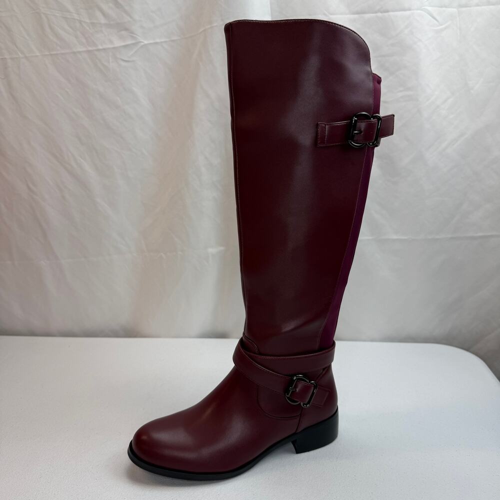 GPXGPX Women's Burgundy Knee High Boots Buckle Round Toe Low Heel Size 7 - Picture 1 of 9